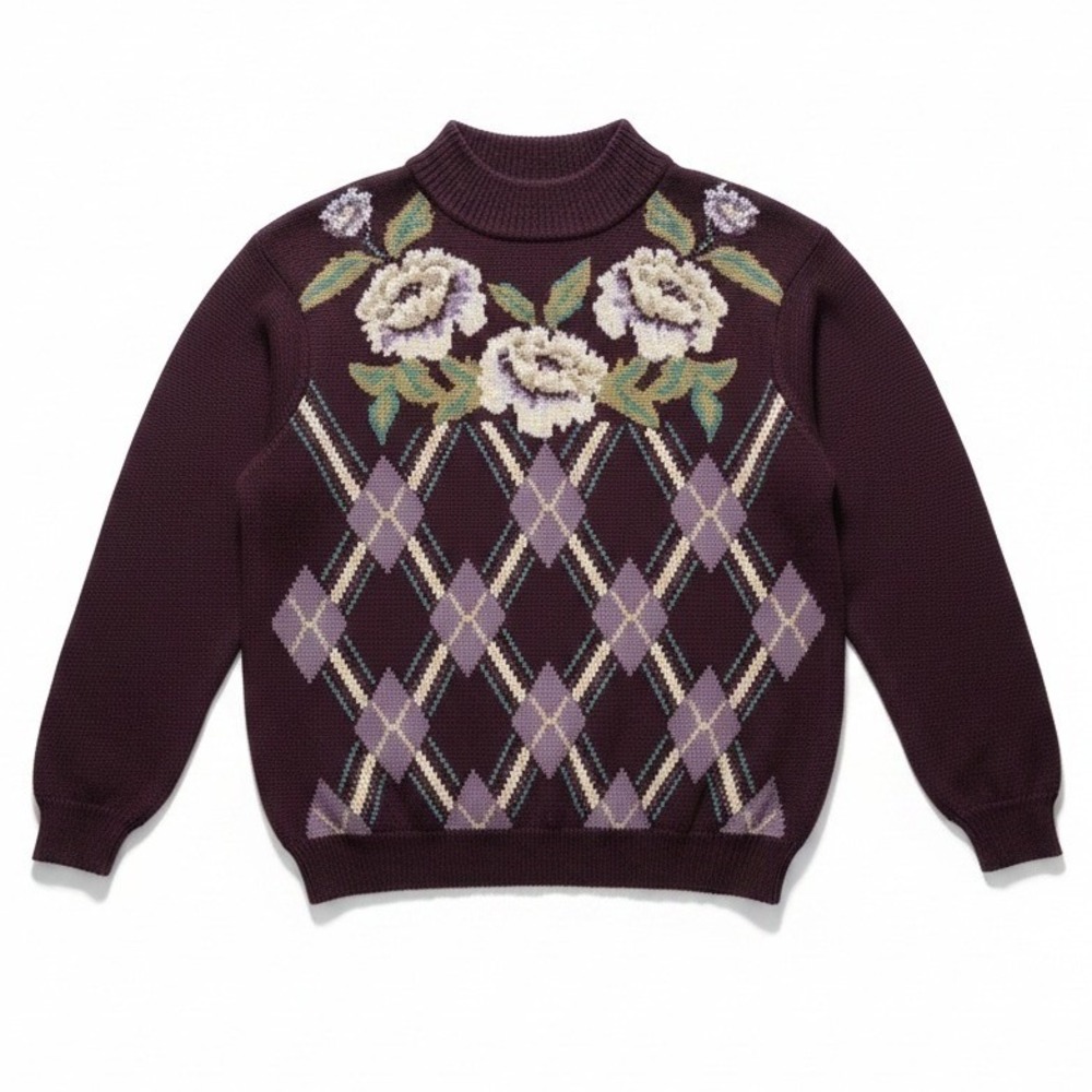 Alfred Dunner Vintage Plum Purple Floral Argyle Wool Blend Sweater, Womens Large